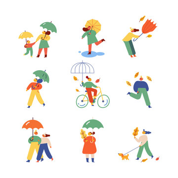 Autumn, fall. Outdoor people flat vector set isolated on white