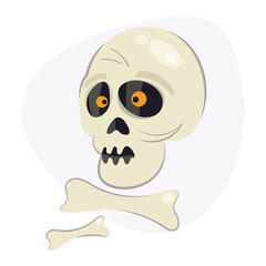 Cartoon skeleton flat skull and bones isolated on white background. Halloween icon, clip art, digital design element, pirate symbol, sign, sticker. Vector isolated illustration.