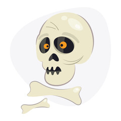 Obraz premium Cartoon skeleton flat skull and bones isolated on white background. Halloween icon, clip art, digital design element, pirate symbol, sign, sticker. Vector isolated illustration.