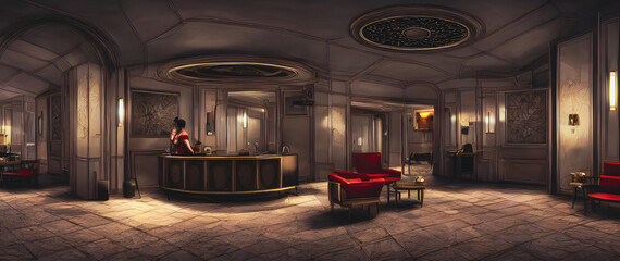 Fototapeta na wymiar Artistic concept painting of a beautiful hotel reception hall, background illustration.