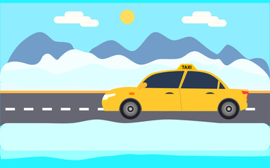 Taxi on winter road banner car side view winter city view background. vector illustration.