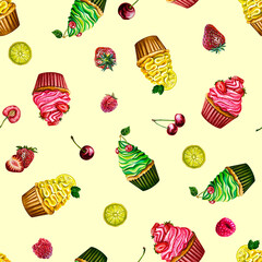 Multi-colored cupcakes with cream, berries and fruits. Seamless pattern. Watercolor. For textiles and packaging.