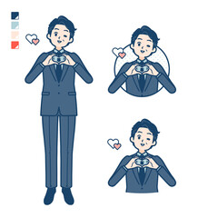 スーツのミドル男性が手でハートマークを作っているイラスト