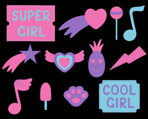 Set of cool retro girly stickers. Vector illustration in y2k style.