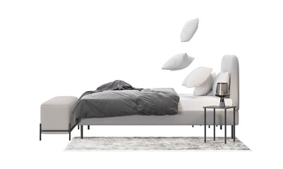 Double bed with carpet, pouf and lamps on transparent background. Flying pillows, action. Side view. Gray and white bedding. Modern interior design element. Bedroom furniture. Cut out. 3D render