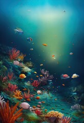 Naklejka na ściany i meble Underwater scene with fishes and corals in bioluminescence, and a tropical island under the sea. 3D illustration vertical.