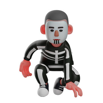 3D illustration. Illustration Cartoon character Skeleton Boy 3D starts running. crouching pose. put on a tense expression on his face. 3D Cartoon Character