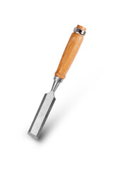 Chisel is tool for cutting wood. Chisel with wooden handle isolated on white background.