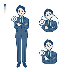 スーツのミドル男性が回答を考えるイラスト