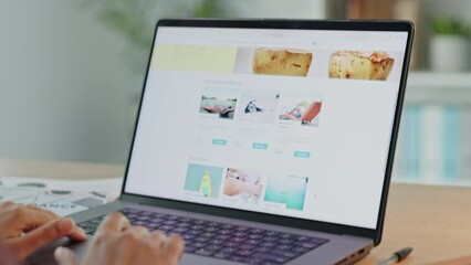 Laptop, research and blog the hands of a business woman using an internet search for information or data on advertising and marketing. Computer, website and brand with a female employee online