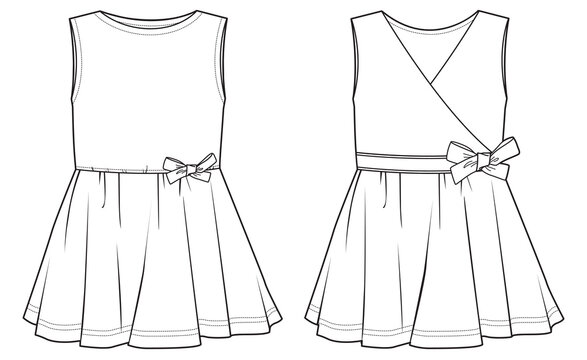 toddler girls sleeveless dress with bow waist baby girls party frock flat sketch vector illustration