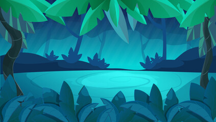 Fototapeta na wymiar Jungle forest game splash screen, horizontal background dark magic night in cartoon style. Ui design elements trees, plants, leaves