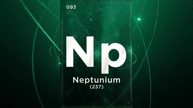 Neptunium (Np) symbol chemical element of the periodic table, 3D animation on atom design background