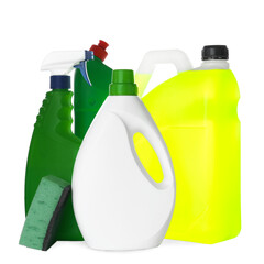 Different cleaning supplies and sponge on white background