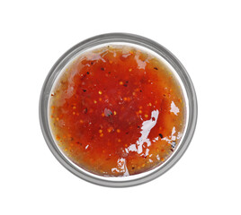 Glass bowl of tasty sweet fig jam isolated on white, top view