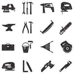 Crafting Tools Icons. Black Scribble Design. Vector Illustration.