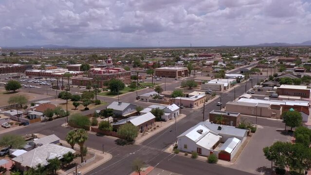Florence, Arizona, USA. Drone flies towards Pinal County Courthouse building.