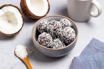 Coconut chocolate balls. Candy. Dessert. Vegetarian food.