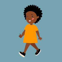 Cute African American girl. The baby is walking. Cartoon African girl. The girl walks happily. - 533865792