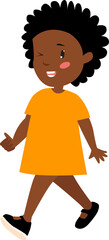 Cute African American girl. The baby is walking. Cartoon African girl. The girl walks happily.