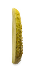Piece of tasty pickled cucumber on white background, top view