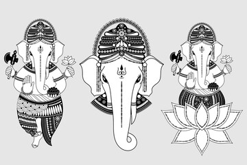 Set of images of Ganesha, or Ganapati, Indian deity in the Hindu, in lotus, head and in full growth, vector illustration in black and white with black outline
