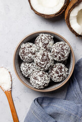 Coconut chocolate balls. Candy. Dessert. Vegetarian food.