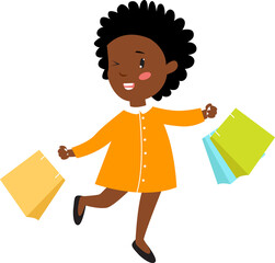 Shopping girl. Afro american girl is shopping. Happy girl. Cartoon character. - 533865975