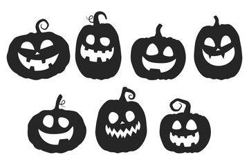 Happy Halloween flat black elements with funny pumpkin cut silhouettes isolated on a white background. Halloween grinning pumpkins. Vector illustration