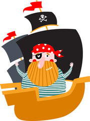 Cartoon Pirate on board the ship. Pirate ship. Good pirate having fun. Cartoon character. Fairy tale character. Sea rover. Adventure. pirate Party