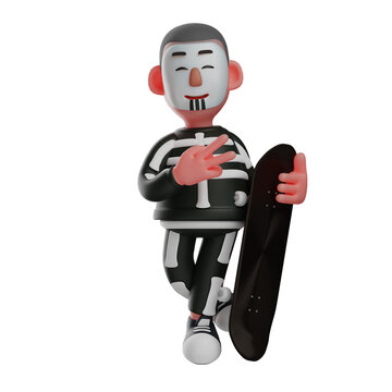 3D illustration. Skeleton Boy 3D cartoon holding a skateboard. with two toes and legs crossed backwards. showing a handsome smile. 3D Cartoon Character