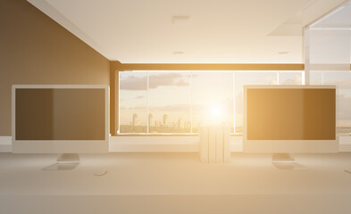 Fototapeta na wymiar Modern office Cabinet. 3D rendering. Meeting room. Sunset.