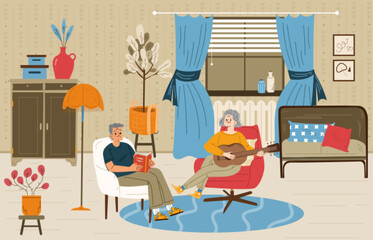 Senior couple relax at home, aged man and woman reading book, playing guitar sitting on armchairs in living room. Grandparents relaxed sparetime, leisure, Cartoon linear flat vector illustration