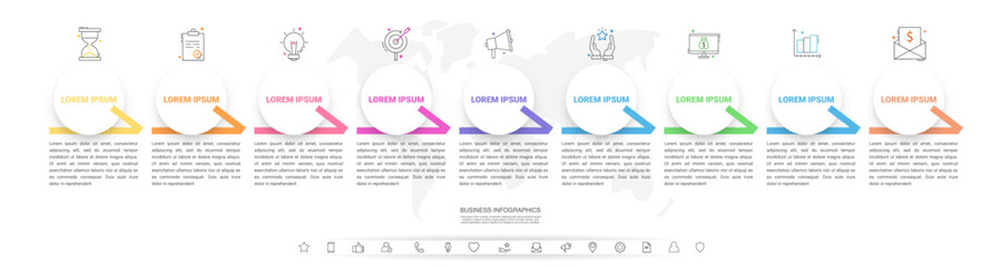 Business vector infographic design template. Circle timeline with icons and 9 nine arrows or steps. Used for process diagram, presentations, workflow layout, info graph, banner, flow chart
