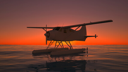 Naklejka na ściany i meble aircraft seaplane at sunset at sea