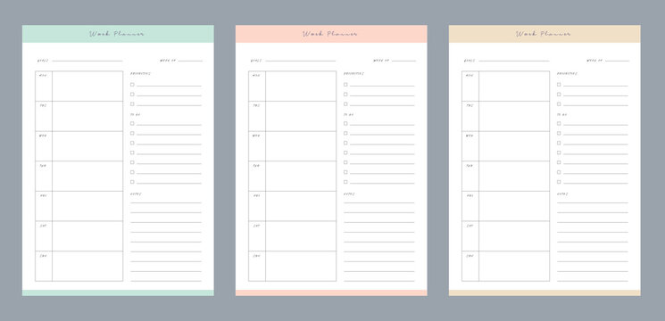 (Spring) 3 Set Color Minimalist Planners. Weekly Planner Template. Clear And Simple Printable To Do List. Business Organizer Page. Paper Sheet. Realistic Vector Illustration.