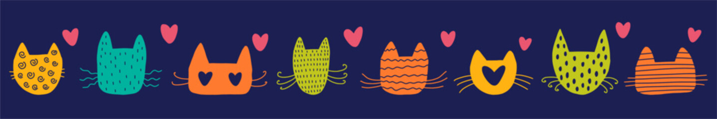 Horizontal pattern with the heads of cats, hand-drawn.