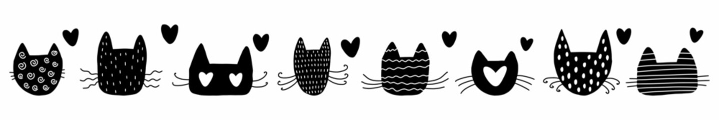 Horizontal pattern with the heads of cats, hand-drawn.