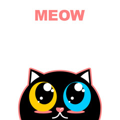 Cute lovely little head face black cat with big yellow and blue eyes looking pink text meow cartoon character on white background flat vector design.