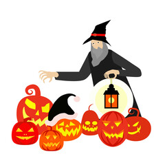 Halloween sale banner with Jack O' Lantern pumpkin, witch, hat. Vector illustration background for party invitation, greeting card, web, social media.