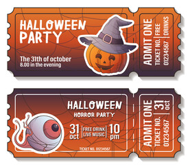 Ticket background for Halloween party. Vector scary illustration of Halloween pumpkin, eyeball, cobweb. Template for poster, banner, card, flyer, discount.