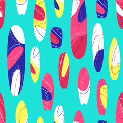 Seamless pattern with bright surfboards pointing in one direction. Pattern for summer clothes. Flat vector illustration.