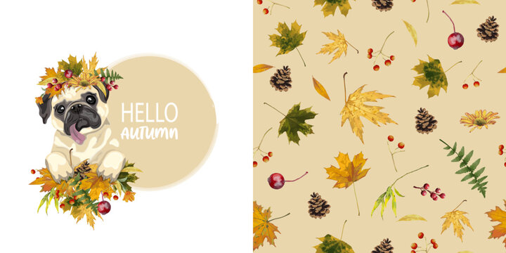 
Cute Pug
And Autumn Seamless Pattern