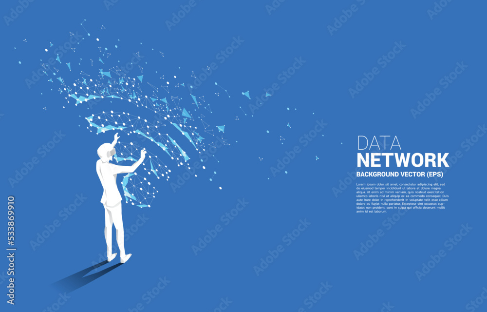 Poster silhouette businessman wear vr glasses with dot connect line circuit board style mobile data icon. c