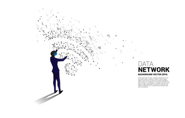 Obraz premium Silhouette businessman wear VR glasses with dot connect line circuit board style mobile data icon. Concept of digital virtual reality technology and AR .