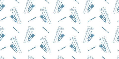 Seamless pattern Collection of makeup accessories, paint, brush and shaping caliper for coloring eyebrows and eyelashes. Vector illustration.