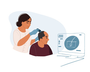 Trichologist consultation. Trichological and dermatological examination of the scalp and hair follicles of a patient in a cosmetology clinic. Dermatoscopy.
visiting a dermatologist in a polyclinic. 