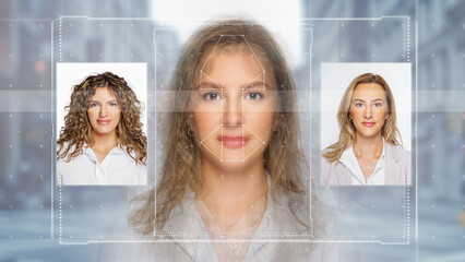Biometric technology digital Face Scanning form lines, triangles and particle style design - Powered by Adobe