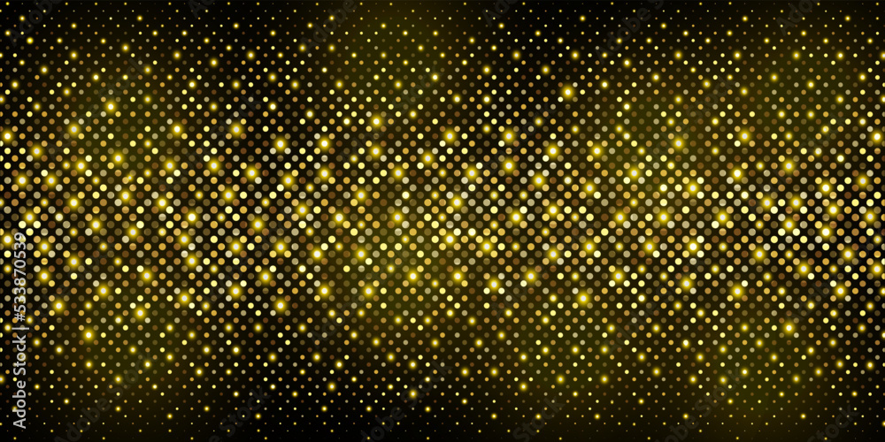 Wall mural shiny gold glitter halftone dotted background. horizontal panoramic festive abstract illustration wi