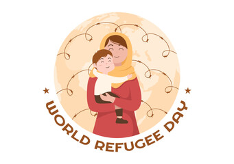 World Refugee Day Template Hand Drawn Cartoon Flat Illustration with Hands, Family and Climb Barbed Wire Fence to Immigrate to Save Place